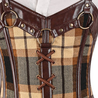 Brown Tartan Mens Corset Vest with Leather Harness