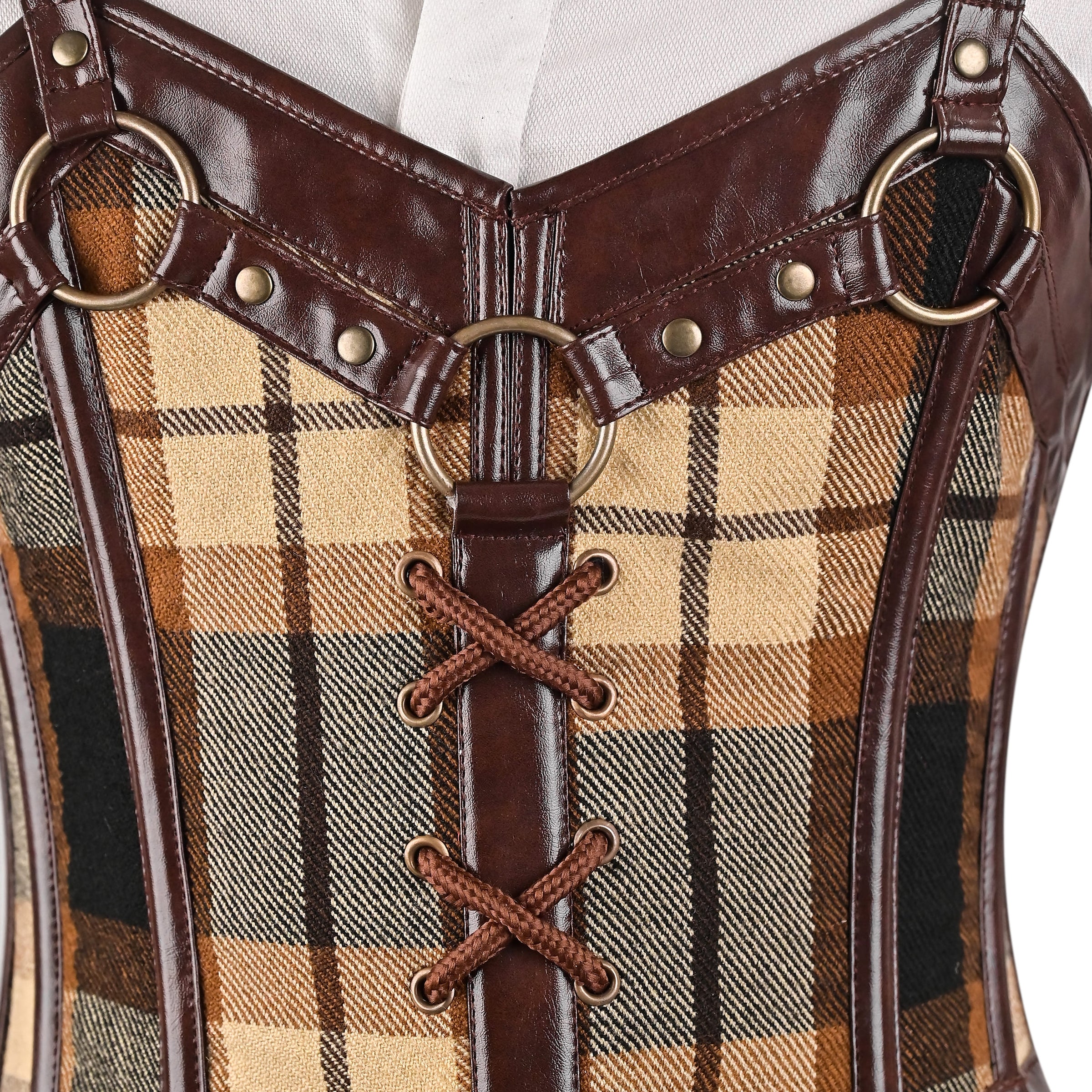 Brown Tartan Mens Corset Vest with Leather Harness