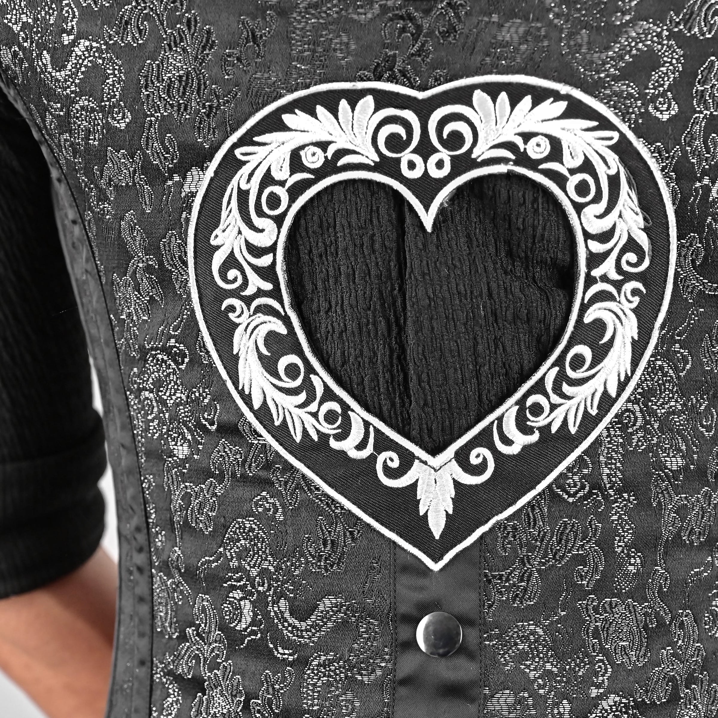 Mens Gothic Black Brocade Corset Vest with Silver Heart Detail