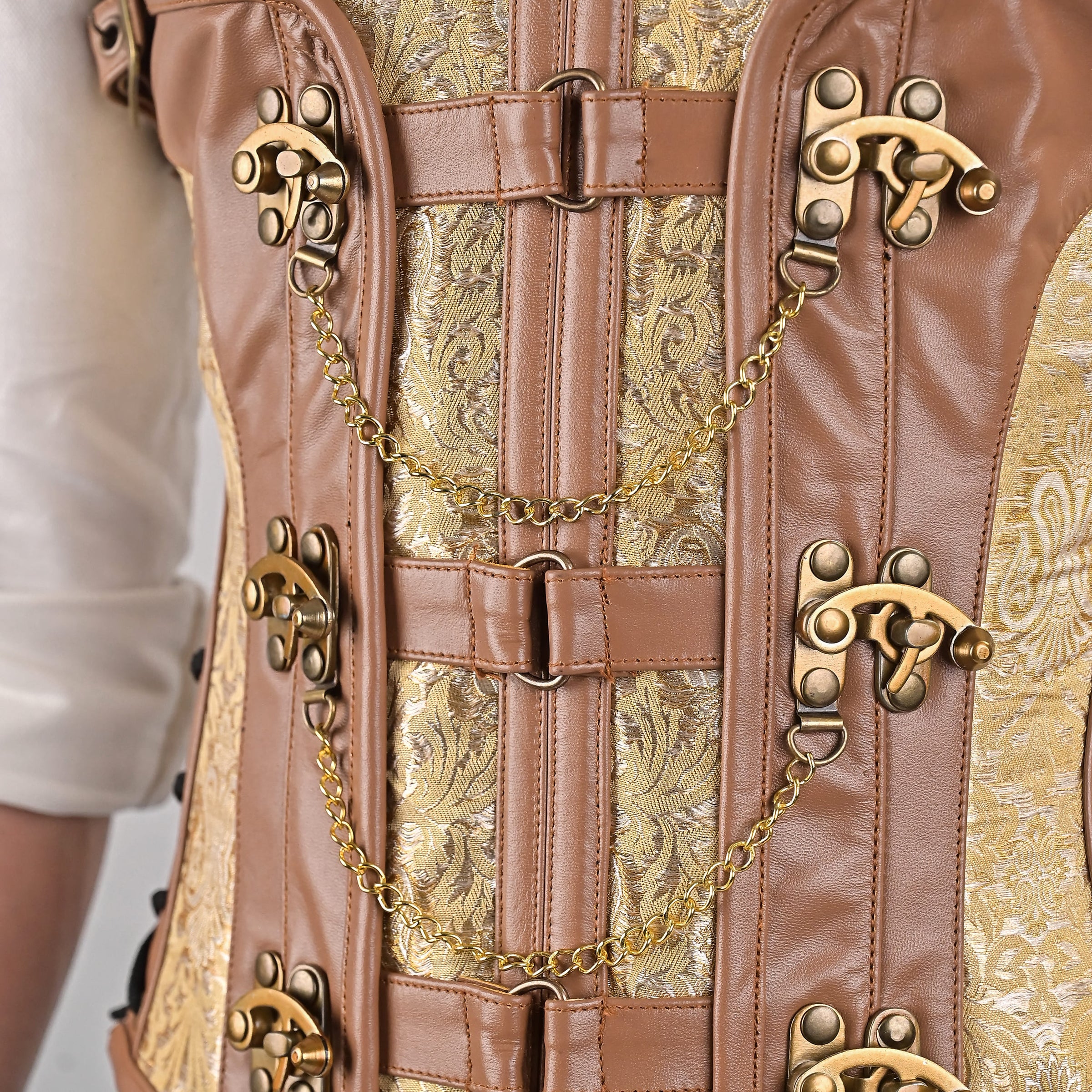 Gold Brocade Mens Corset with Leather Harness