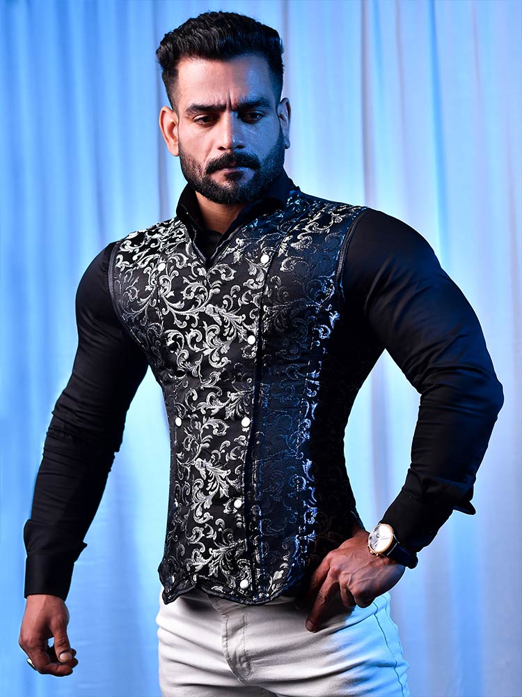 CHEMICAL LACE VEST WITH BLOUSE ブラック Corset vest Male - Brocade Mens Corset – Miss Leather Online