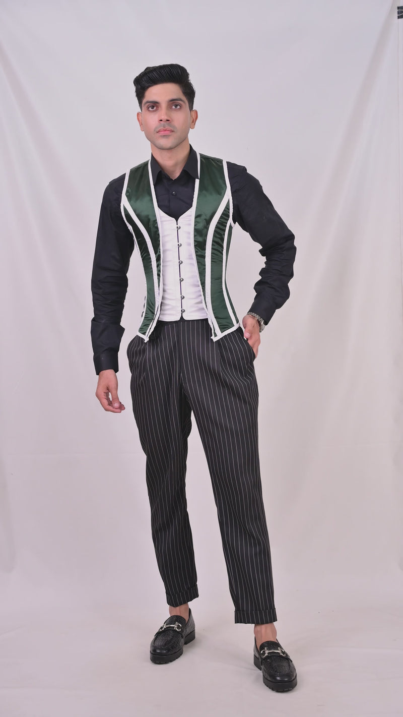 Green & White Satin Male Corset Vest
