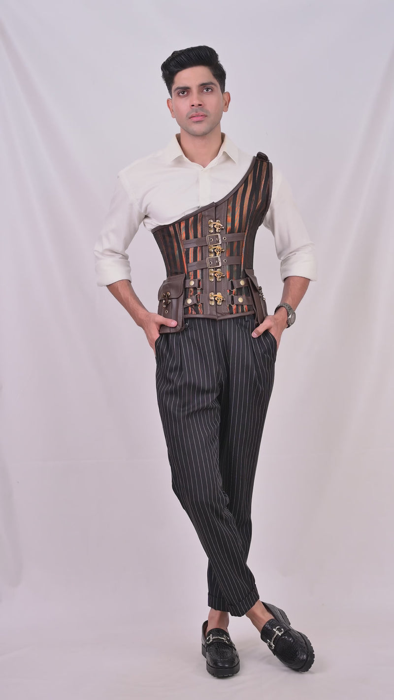 Leather-Brocade Corset for Men: Brown-Lined Design
