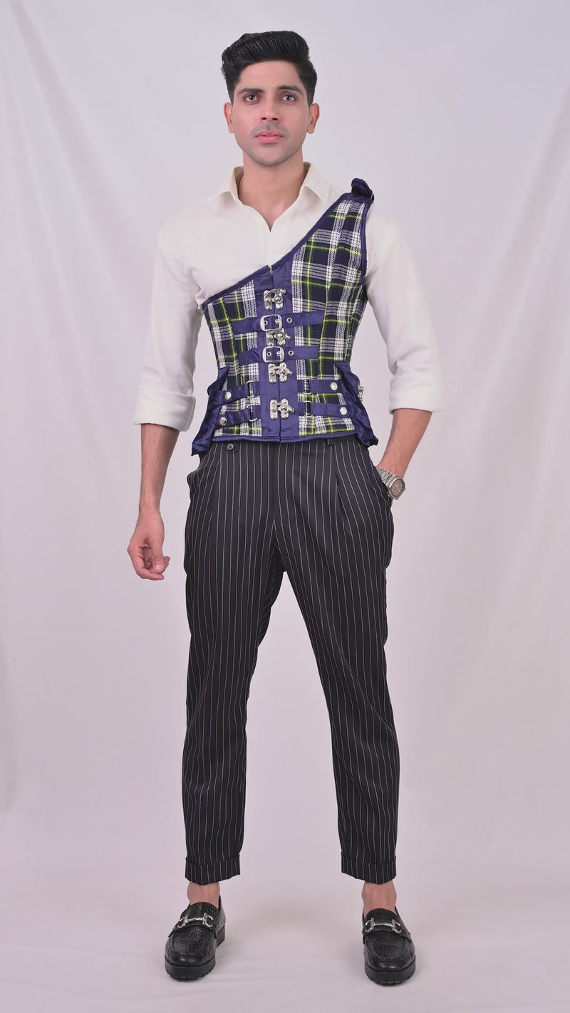 Navy Blue Tartan Mens Corset with Shoulder Strap
