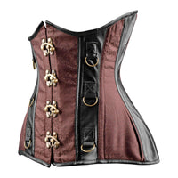 Brown Brocade Under bust Corset with Black Leather Details