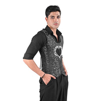 Mens Gothic Black Brocade Corset Vest with Silver Heart Detail