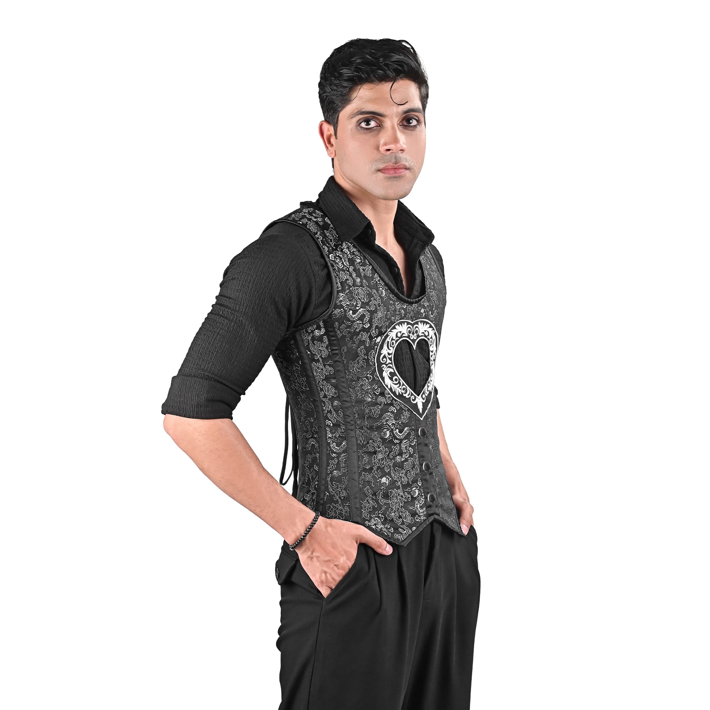 Mens Gothic Black Brocade Corset Vest with Silver Heart Detail