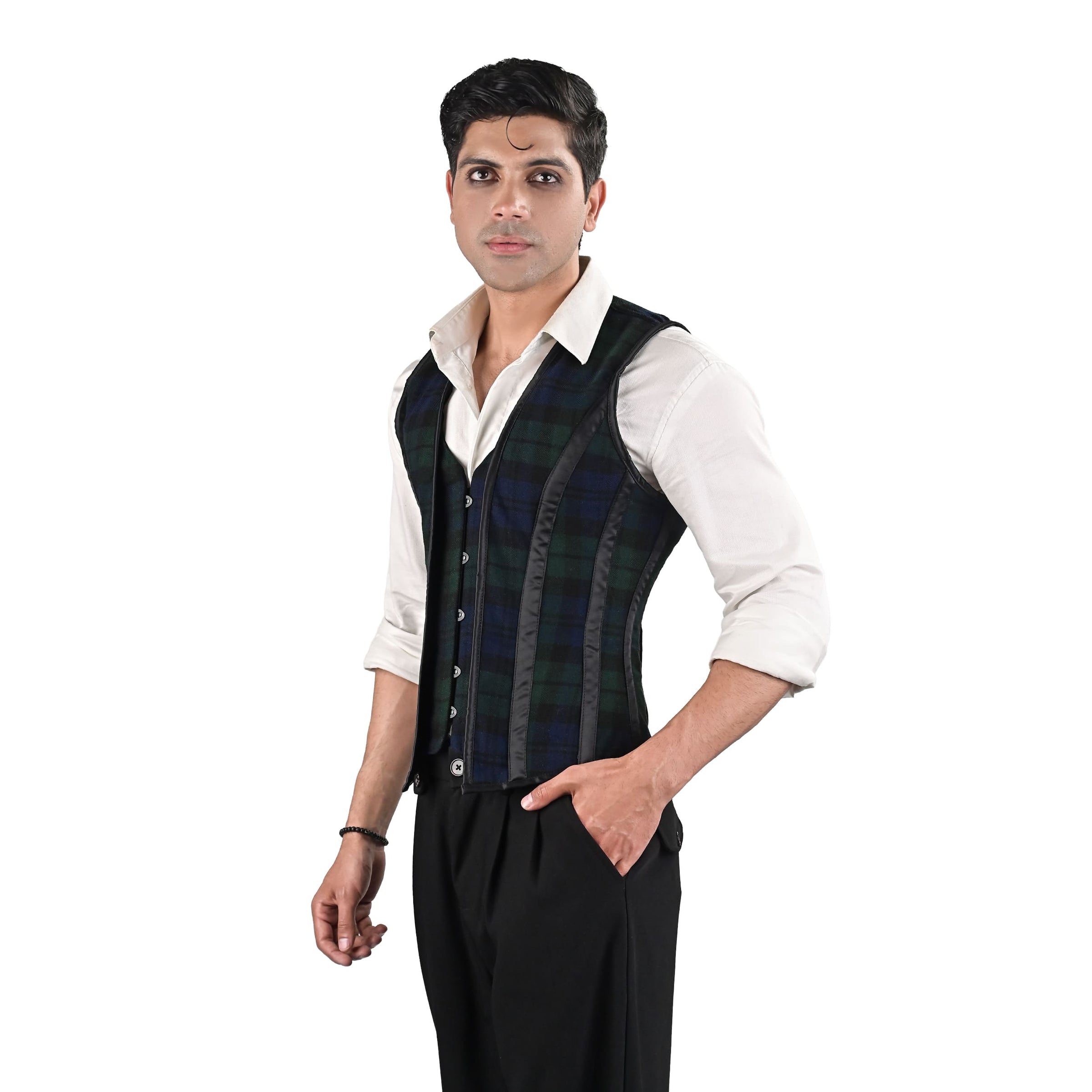 Mens Green & Blue Tartan Corset Vest