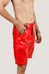 Men's Red PVC Cargo Shorts – Shiny Vinyl Finish with Back Pockets