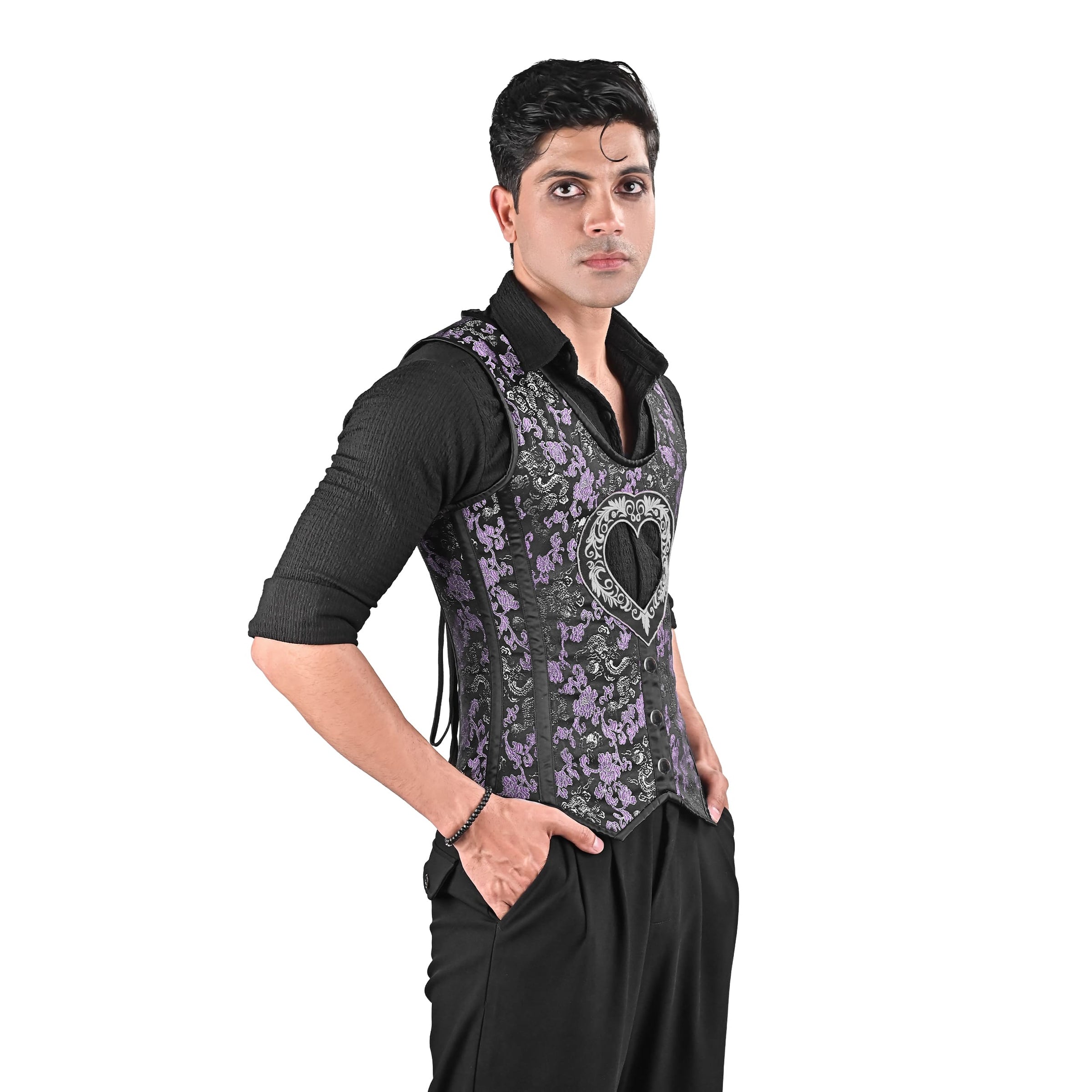 Mens Black & Purple Brocade Corset Vest with Silver Heart