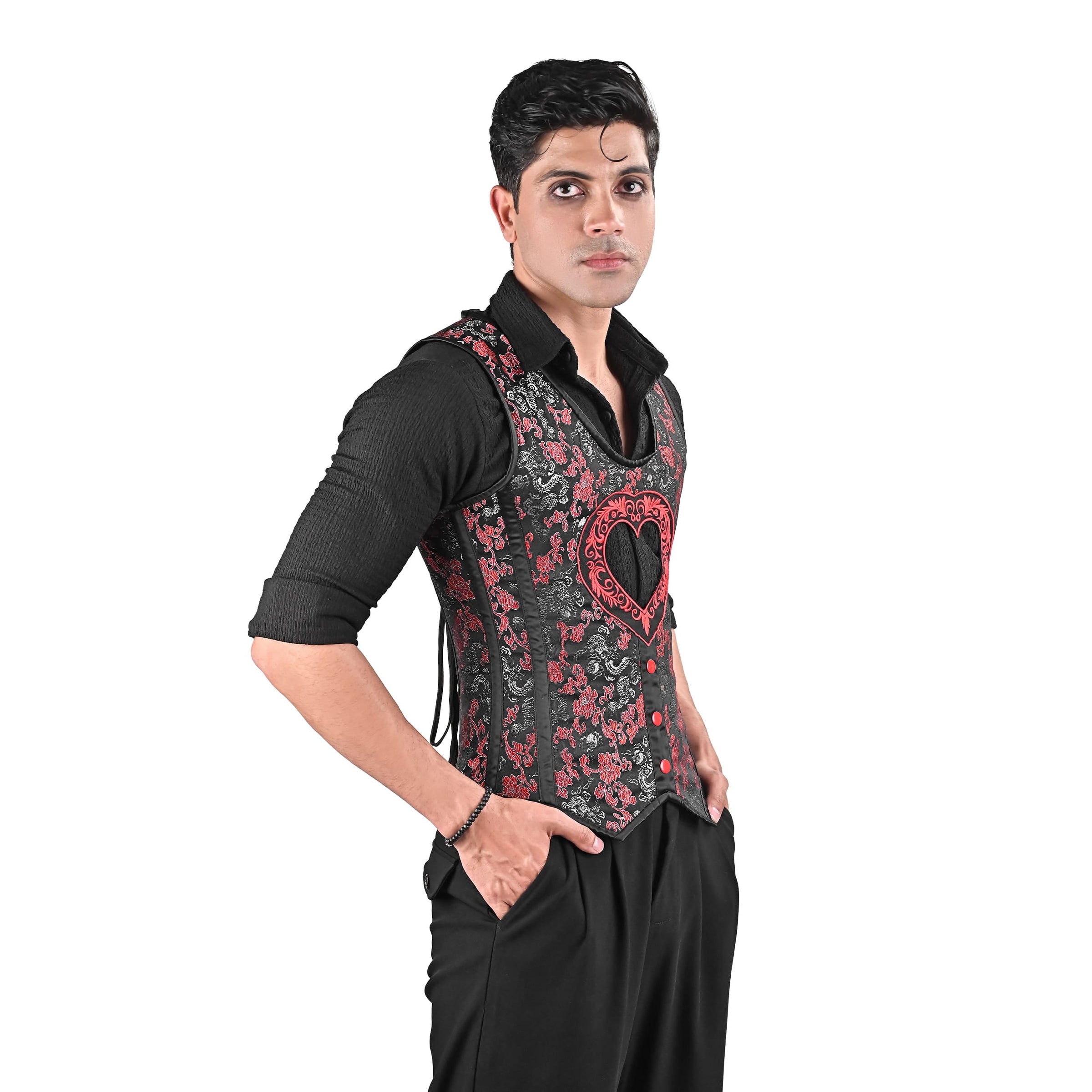 Mens Black & Red Brocade Corset Vest with Heart