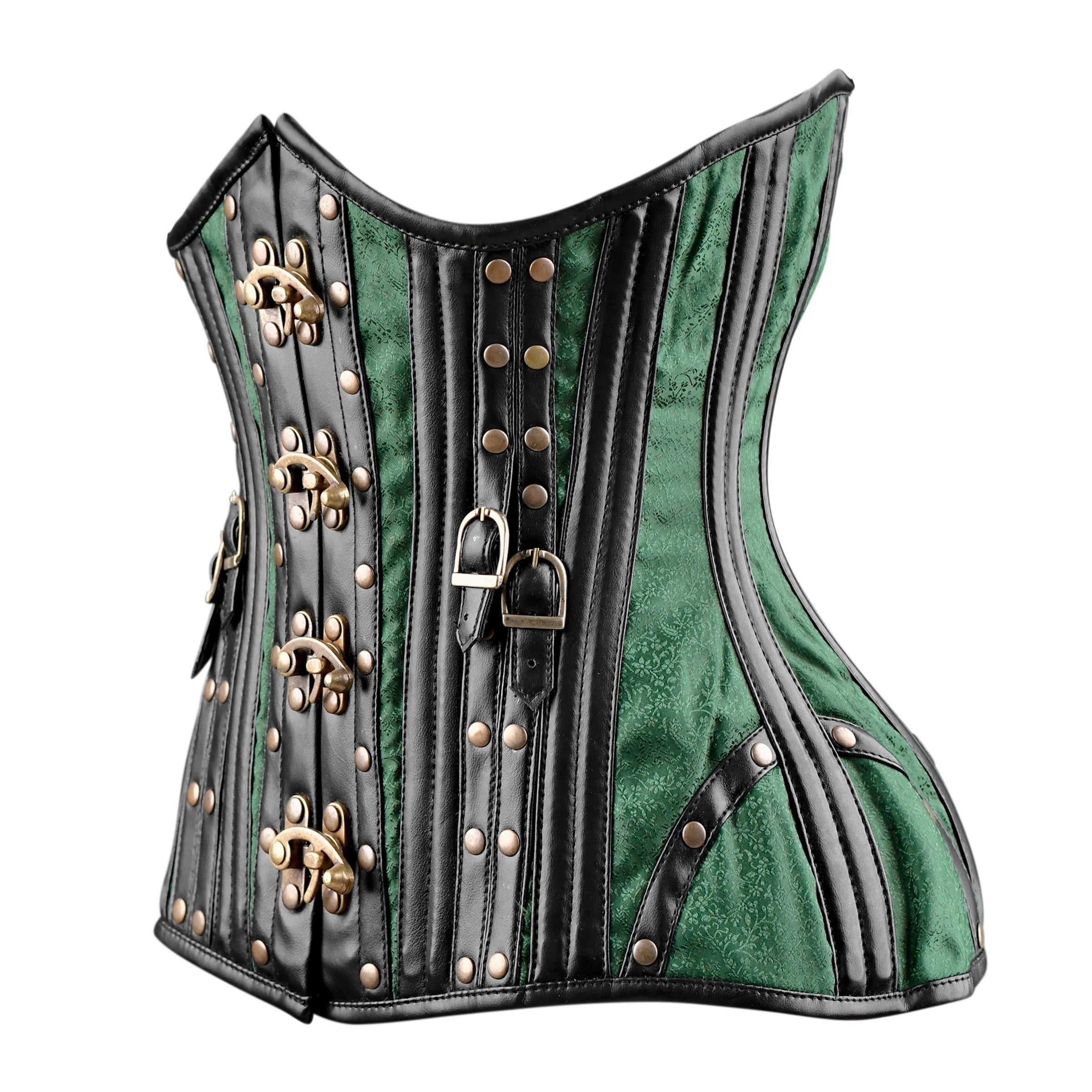 Green Brocade Under bust Corset with Black Leather Details Miss Leather Online Green Brocade Under bust Corset with Black Leather Details Miss Leather Online