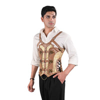 Gold Brocade Mens Corset with Leather Harness