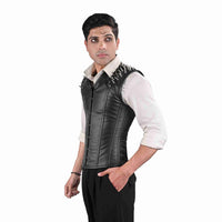 Black Leather Mens Corset Vest with Spiked Shoulders