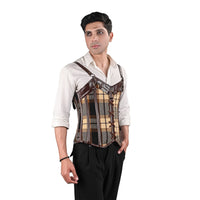 Brown Tartan Mens Corset Vest with Leather Harness