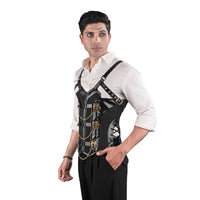 Black Pinstripe Mens Corset Vest with Leather Harness