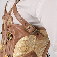 Gold Brocade Mens Corset with Leather Harness