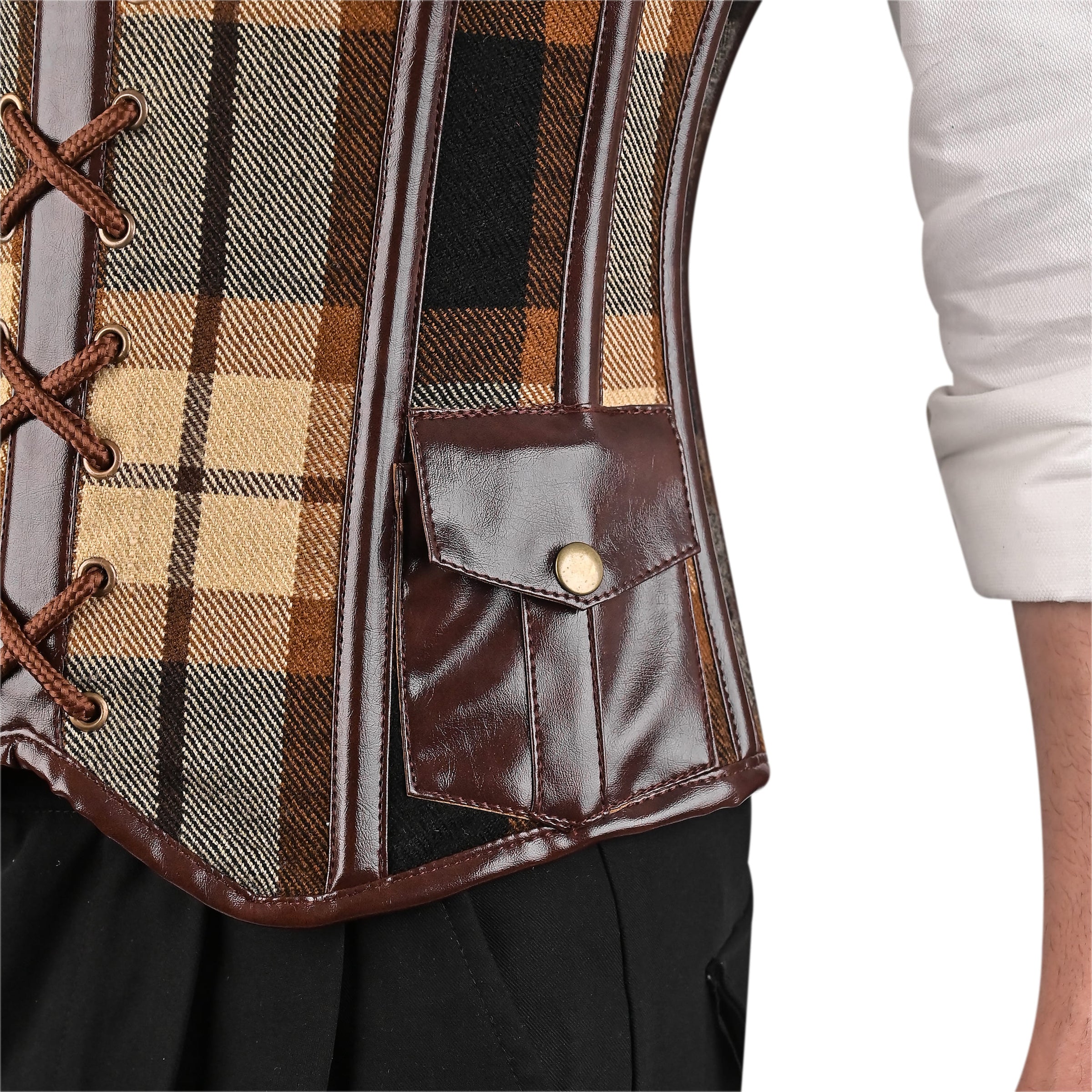 Brown Tartan Mens Corset Vest with Leather Harness