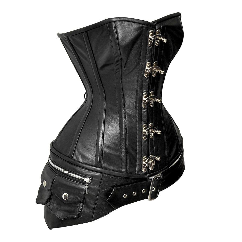 Black Real Leather Steel Bones Lace up Back Over Bust Corsets